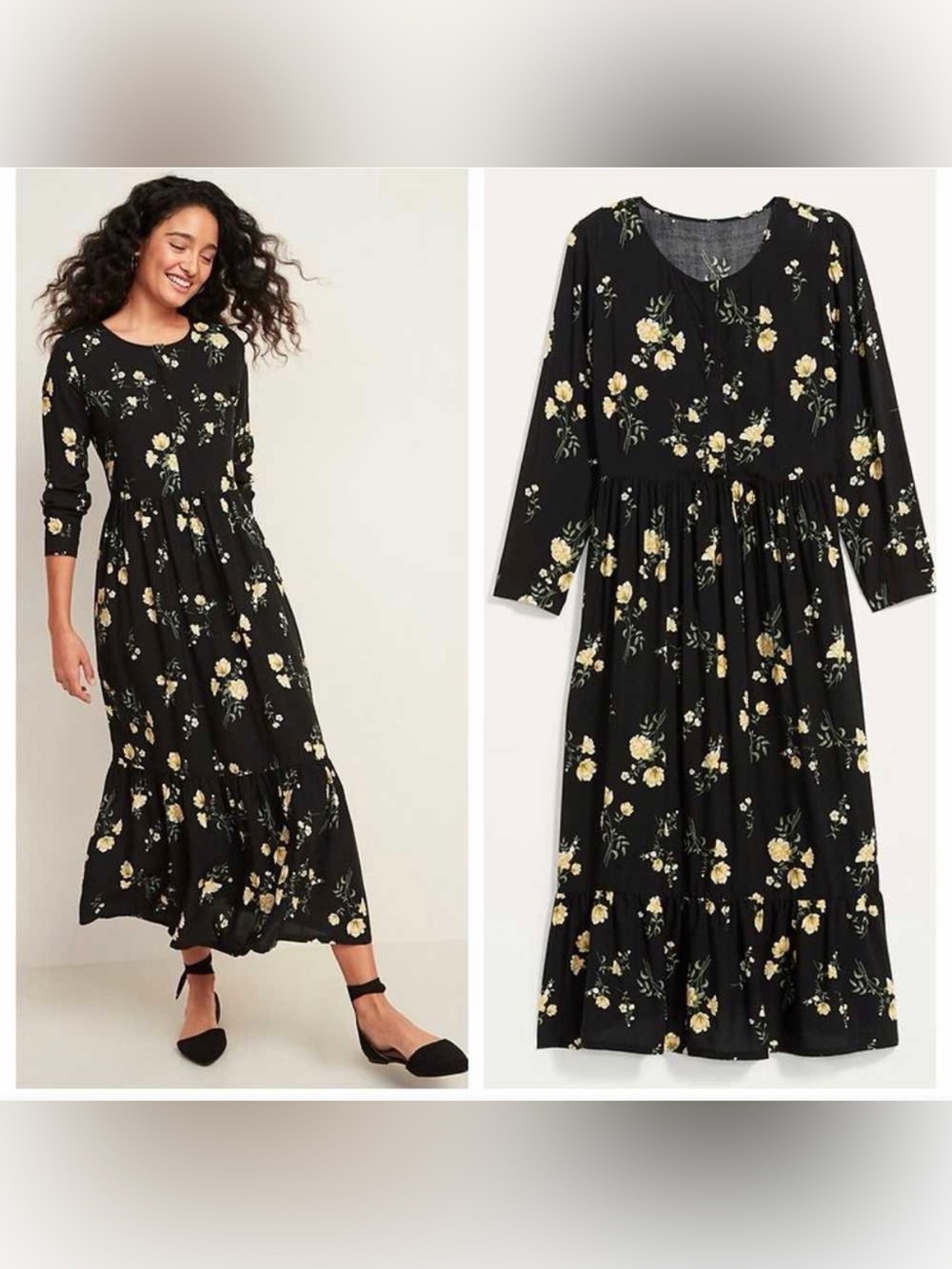 Old Navy Tiered Maxi Dress Sz Large Floral Black Yellow Long Sleeve Cottagecore